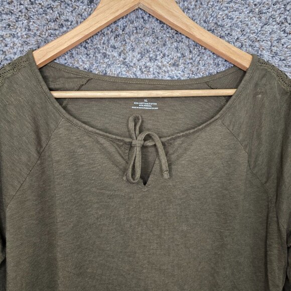 Talbots Top Womens XL Green V Neck Slub Knit Tee Crochet Detail Casual Ladies - Picture 4 of 7